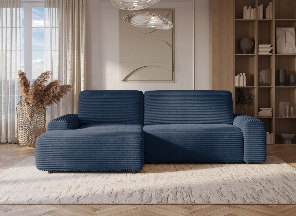 Canapé d'angle gauche convertible avec coffre en velours côtelé épais bleu foncé BALI - Angle gauche