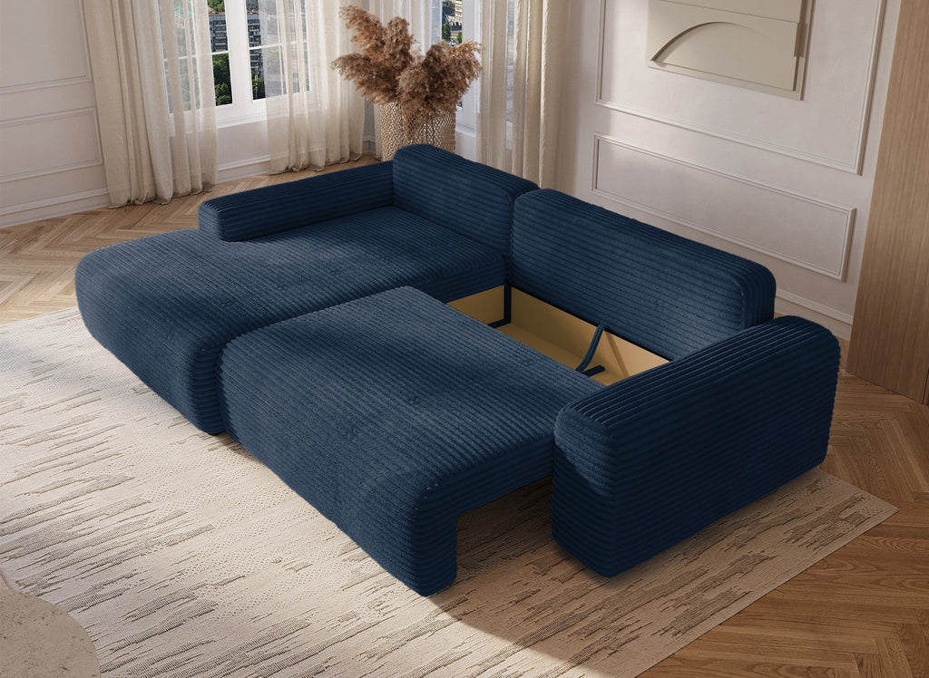 Canapé d'angle gauche convertible avec coffre en velours côtelé épais bleu foncé BALI - Angle gauche
