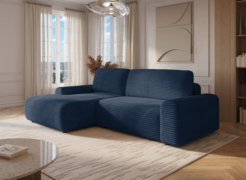 Canapé d'angle gauche convertible avec coffre en velours côtelé épais bleu foncé BALI - Angle gauche