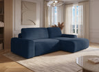 Canapé d'angle droit convertible avec coffre en velours côtelé épais bleu foncé BALI - Angle droit
