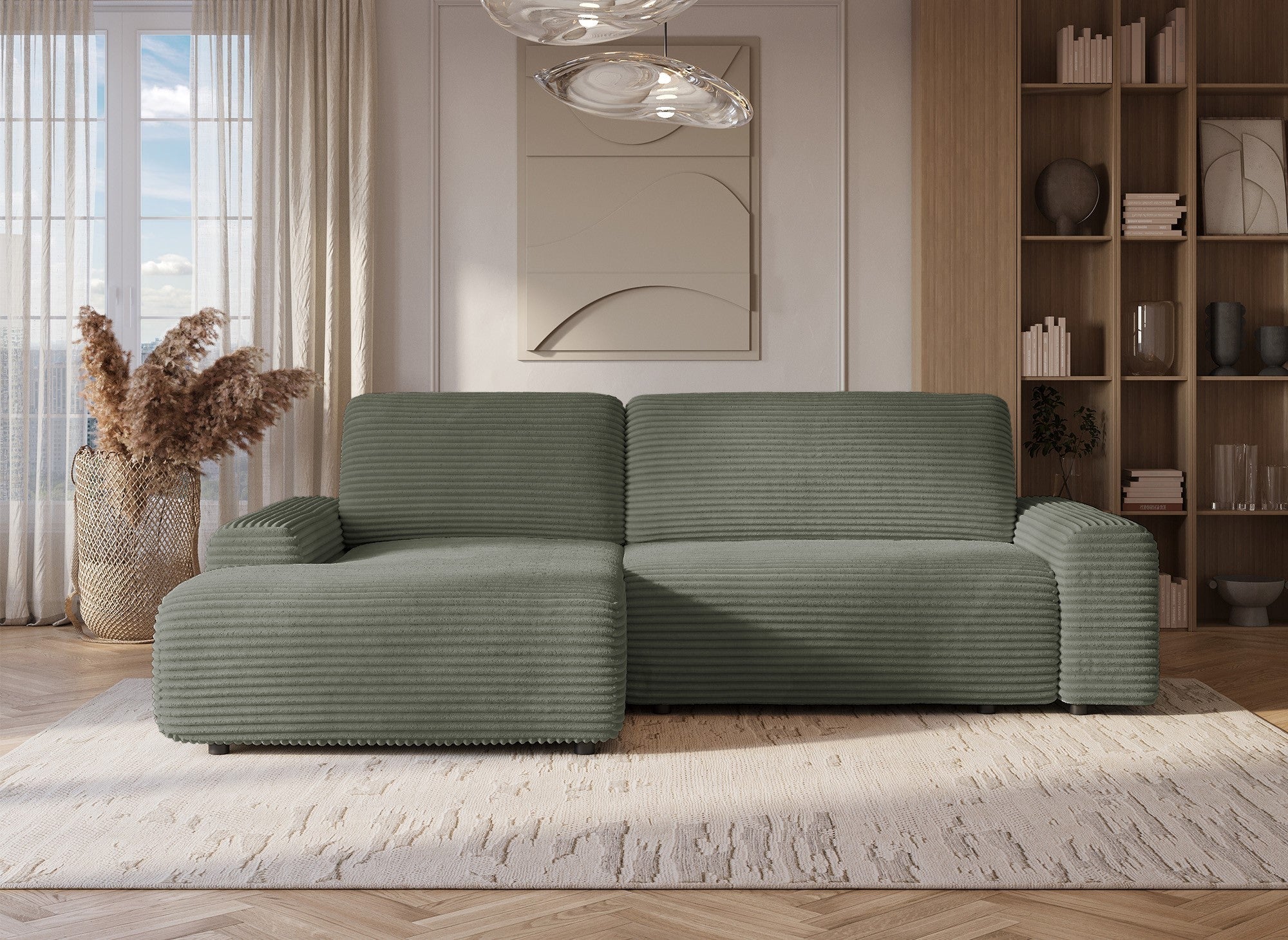 Canapé d'angle gauche convertible avec coffre en velours côtelé épais vert kaki BALI - Angle gauche