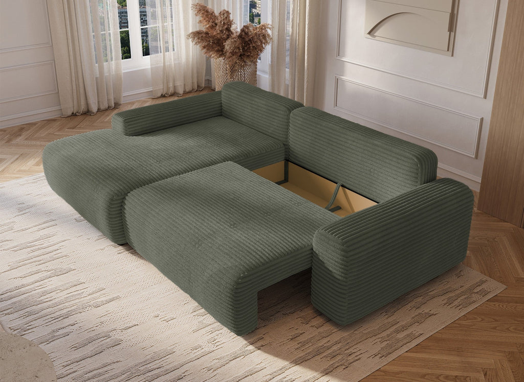 Canapé d'angle gauche convertible avec coffre en velours côtelé épais vert kaki BALI - Angle gauche