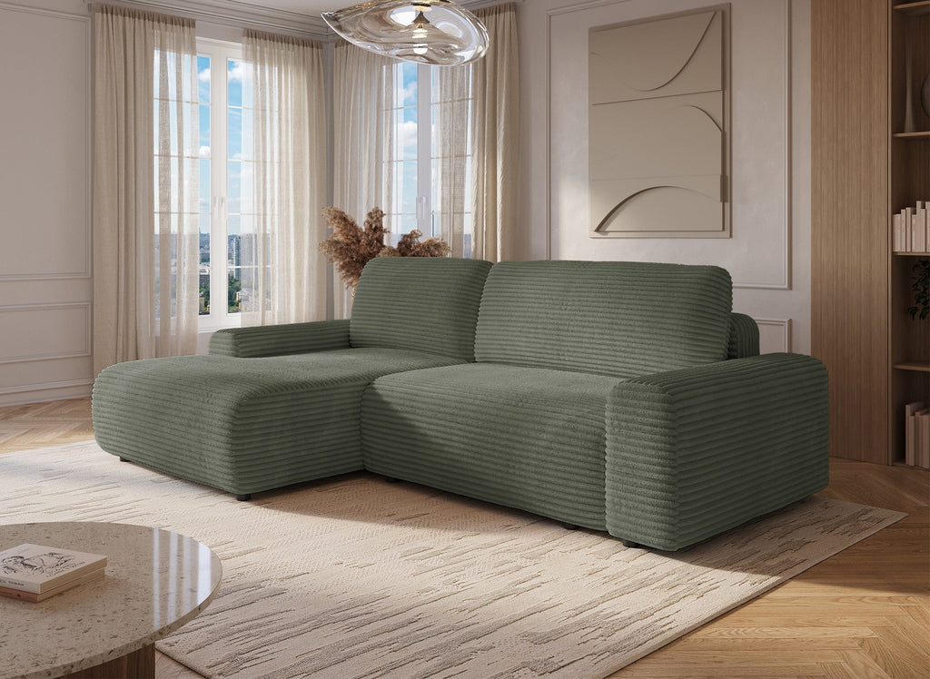 Canapé d'angle gauche convertible avec coffre en velours côtelé épais vert kaki BALI - Angle gauche