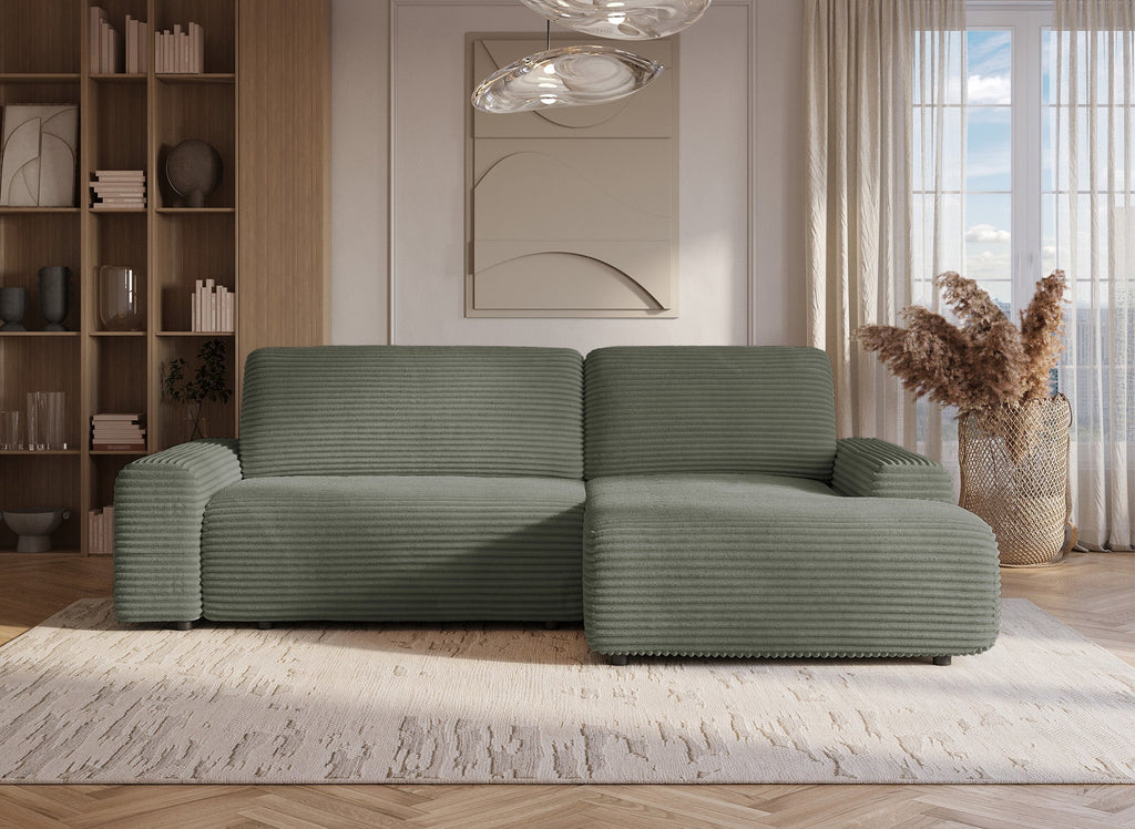 Canapé d'angle droit convertible avec coffre en velours côtelé épais vert kaki BALI - Angle droit