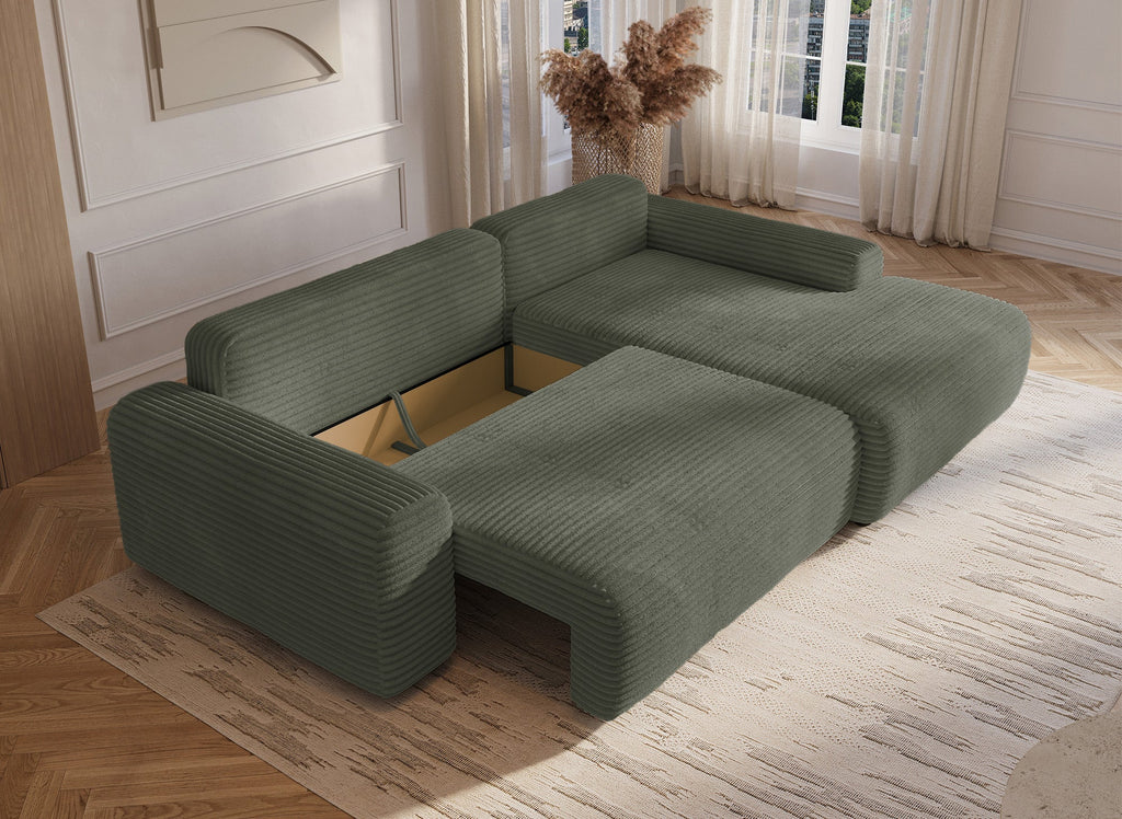 Canapé d'angle droit convertible avec coffre en velours côtelé épais vert kaki BALI - Angle droit
