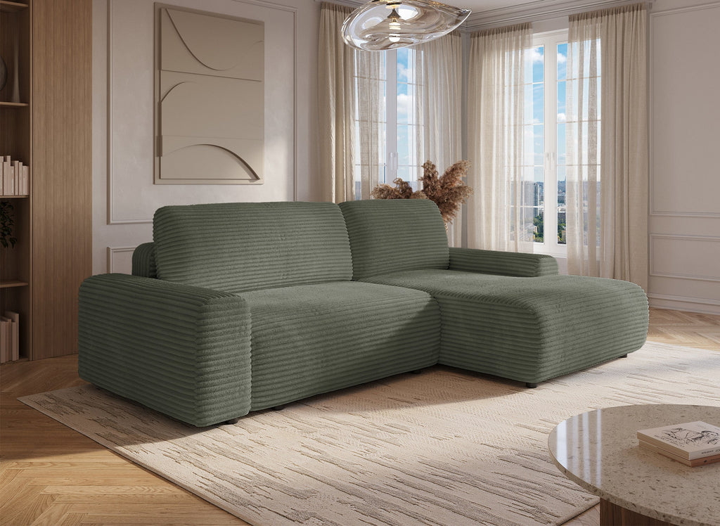 Canapé d'angle droit convertible avec coffre en velours côtelé épais vert kaki BALI - Angle droit
