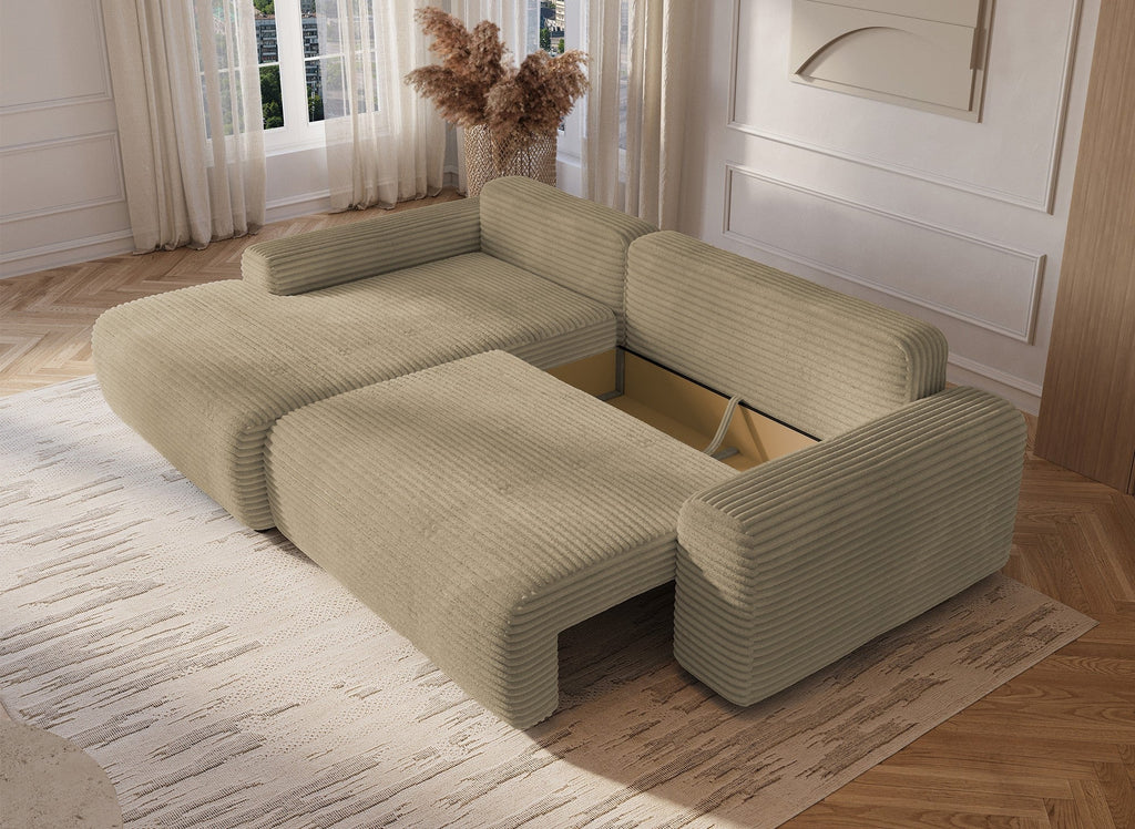 Canapé d'angle gauche convertible avec coffre en velours côtelé épais taupe BALI - Angle gauche
