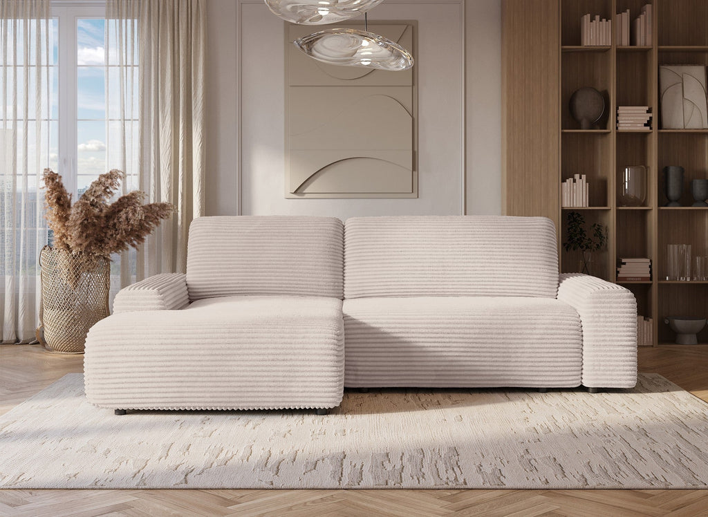 Canapé d'angle gauche convertible avec coffre en velours côtelé épais beige BALI - Angle gauche