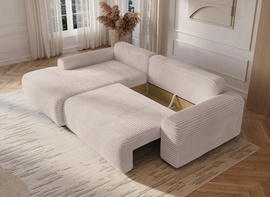 Canapé d'angle gauche convertible avec coffre en velours côtelé épais beige BALI - Angle gauche