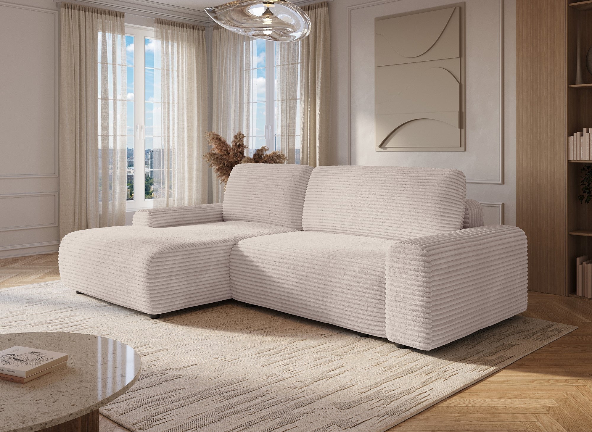 Canapé d'angle gauche convertible avec coffre en velours côtelé épais beige BALI - Angle gauche