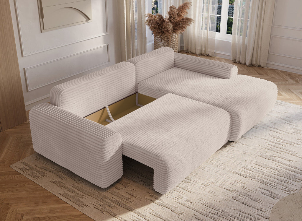 Canapé d'angle droit convertible avec coffre en velours côtelé épais beige BALI - Angle droit