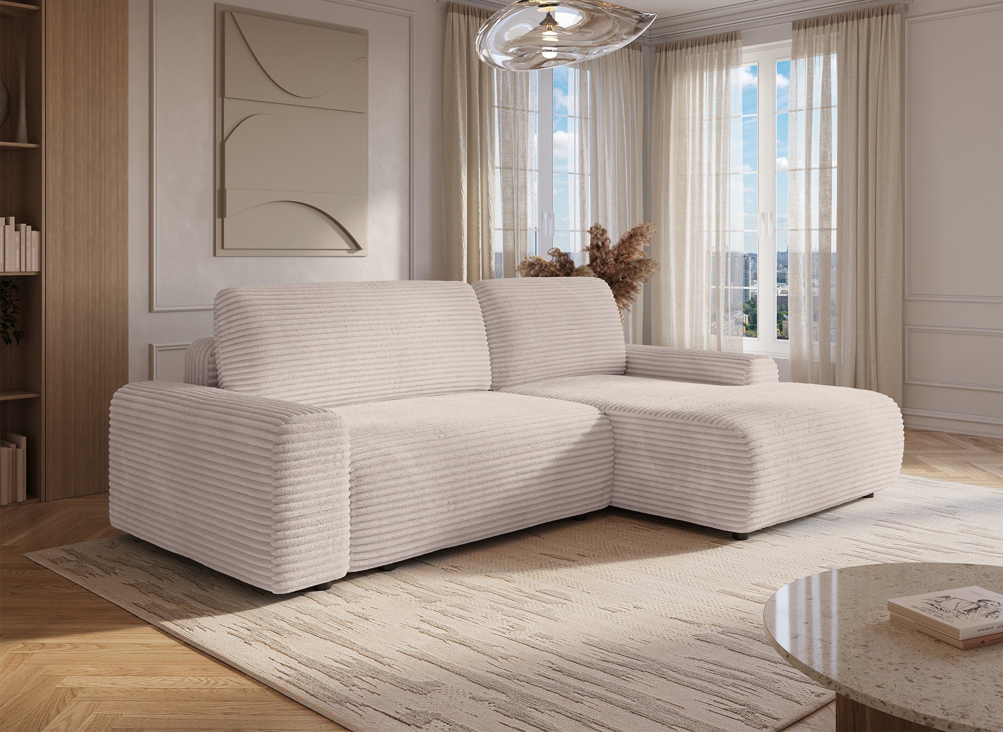 Canapé d'angle droit convertible avec coffre en velours côtelé épais beige BALI - Angle droit