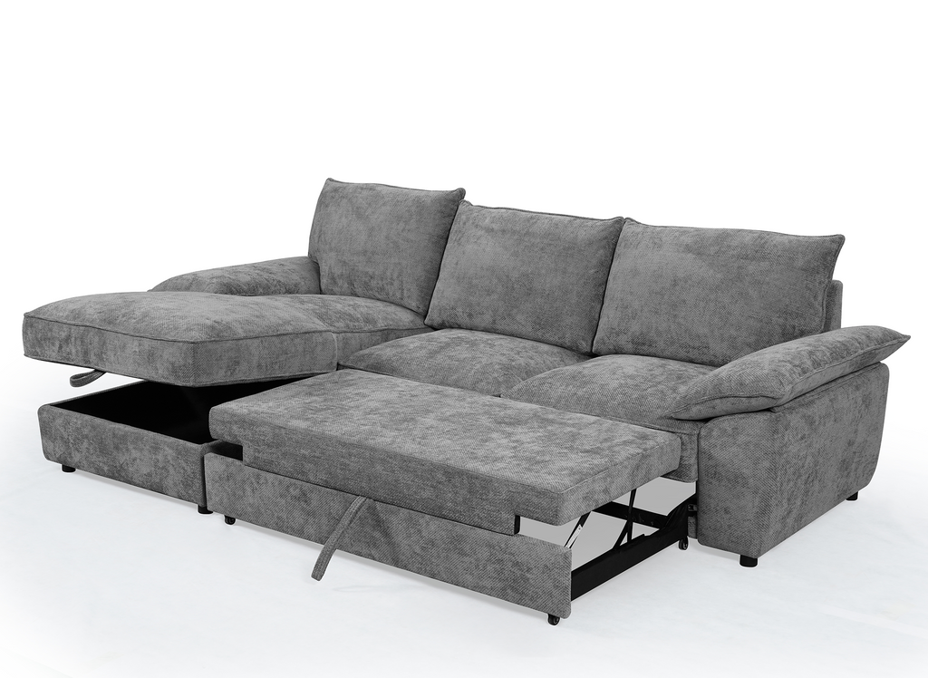 Canapé d'angle convertible avec coffre de rangement en velours chiné gris GABIN - Angle gauche