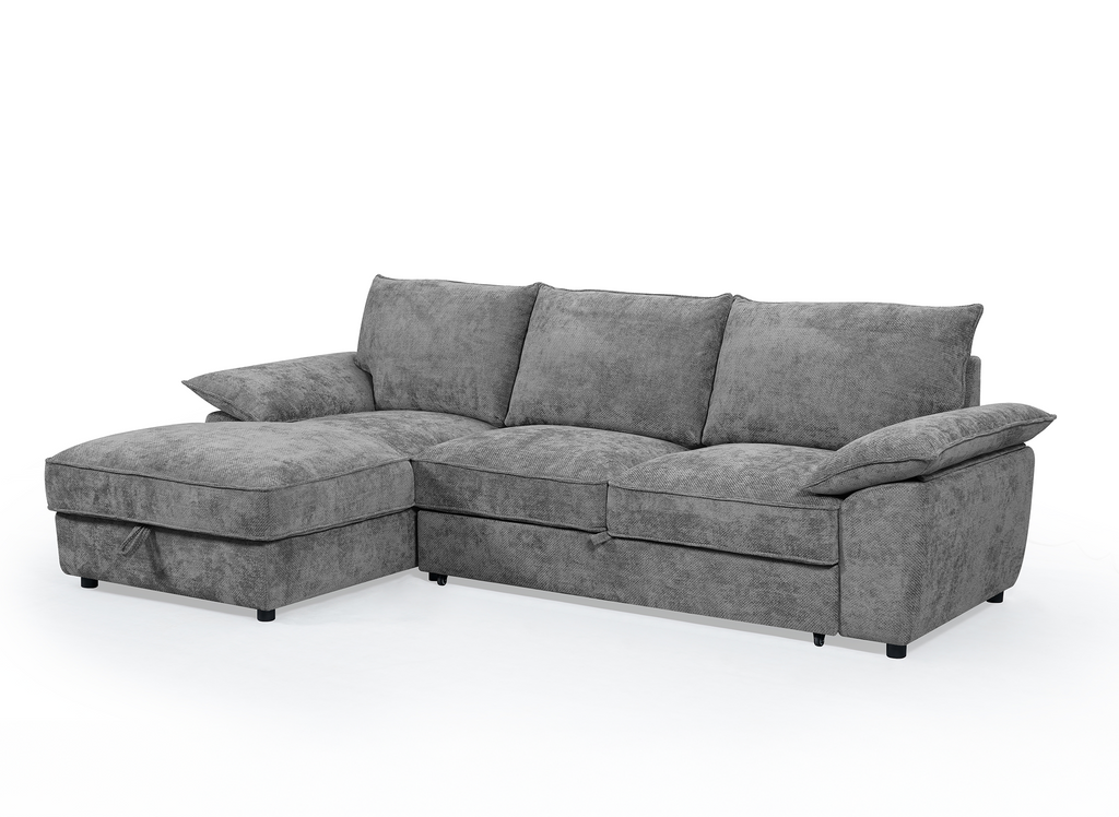 Canapé d'angle convertible avec coffre de rangement en velours chiné gris GABIN - Angle gauche