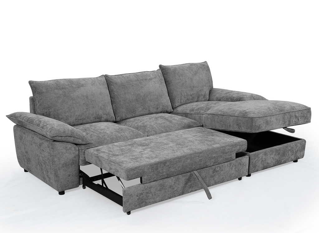 Canapé d'angle convertible avec coffre de rangement en velours chiné gris GABIN - Angle droit