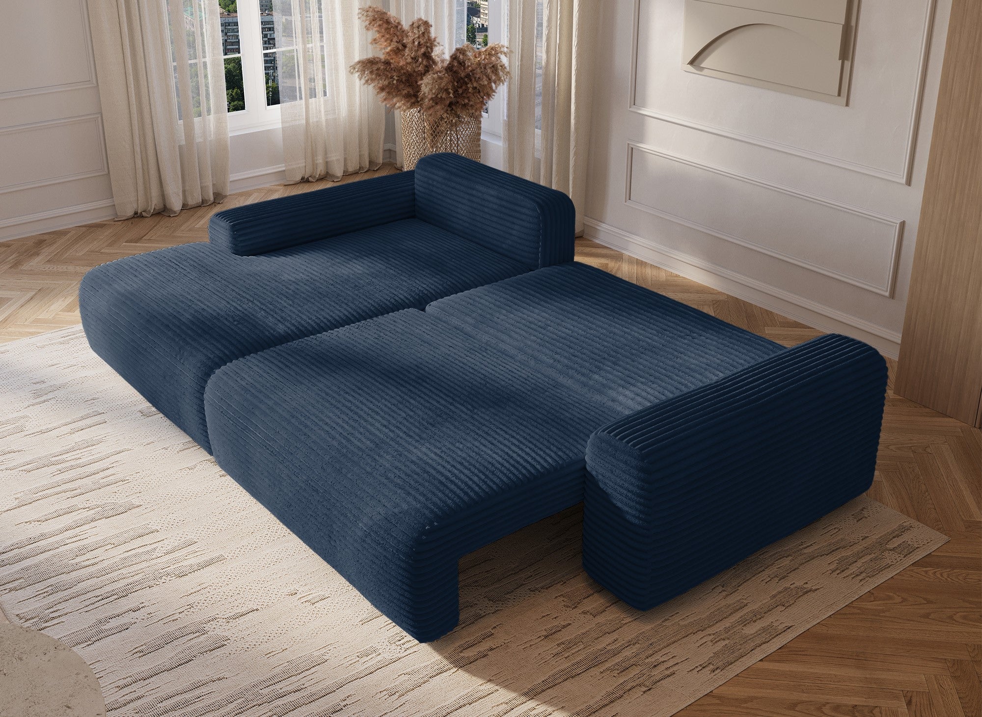 Canapé d'angle gauche convertible avec coffre en velours côtelé épais bleu foncé BALI - Angle gauche