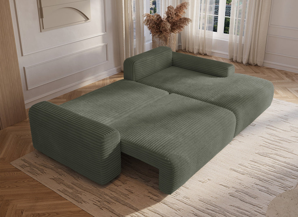 Canapé d'angle droit convertible avec coffre en velours côtelé épais vert kaki BALI - Angle droit