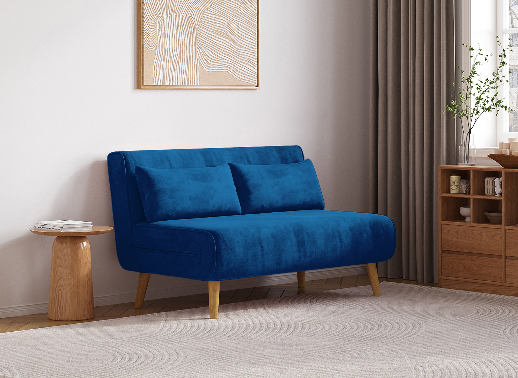 Banquette convertible 2 places en velours bleu TONKA