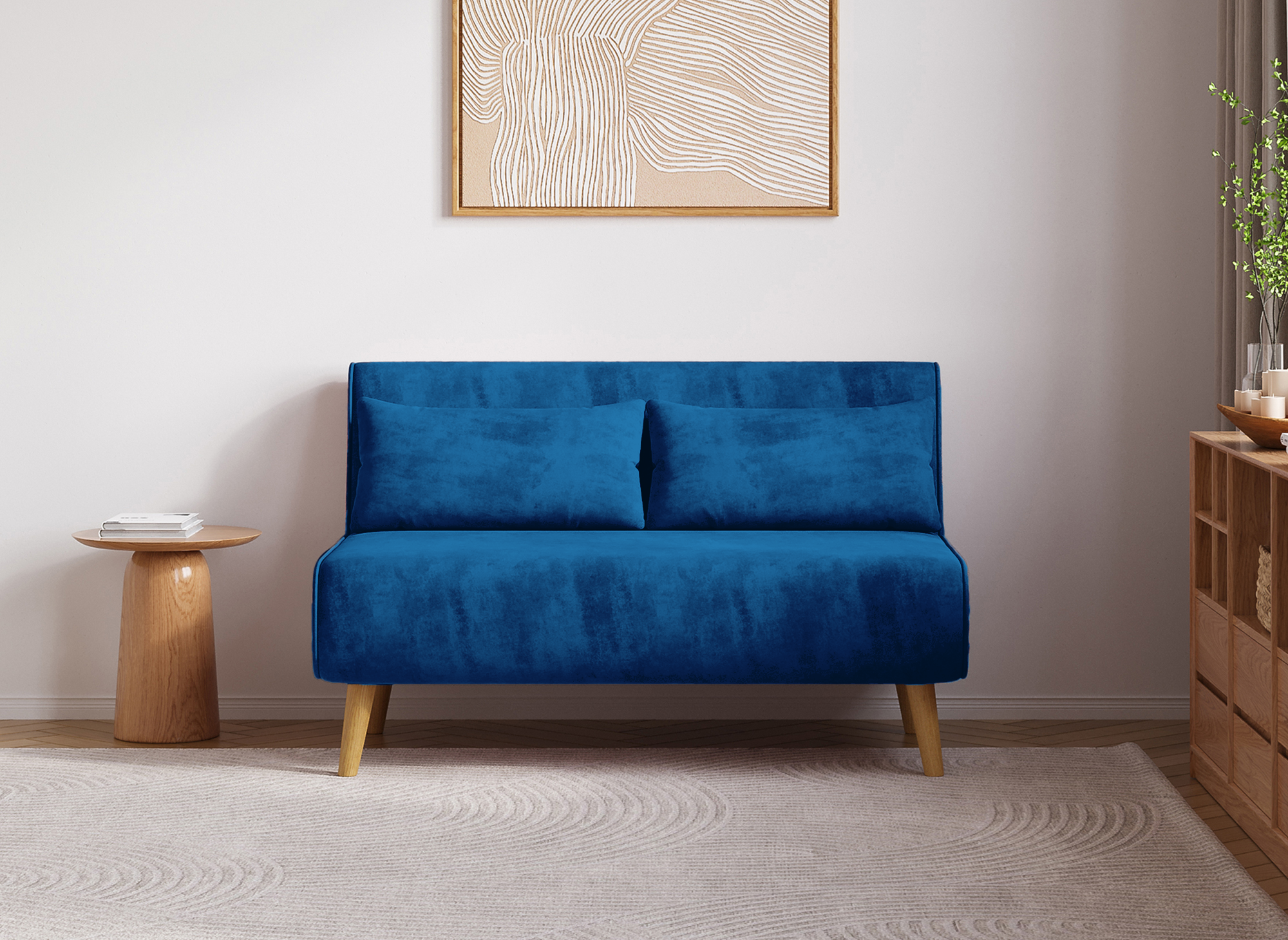 Banquette convertible 2 places en velours bleu TONKA