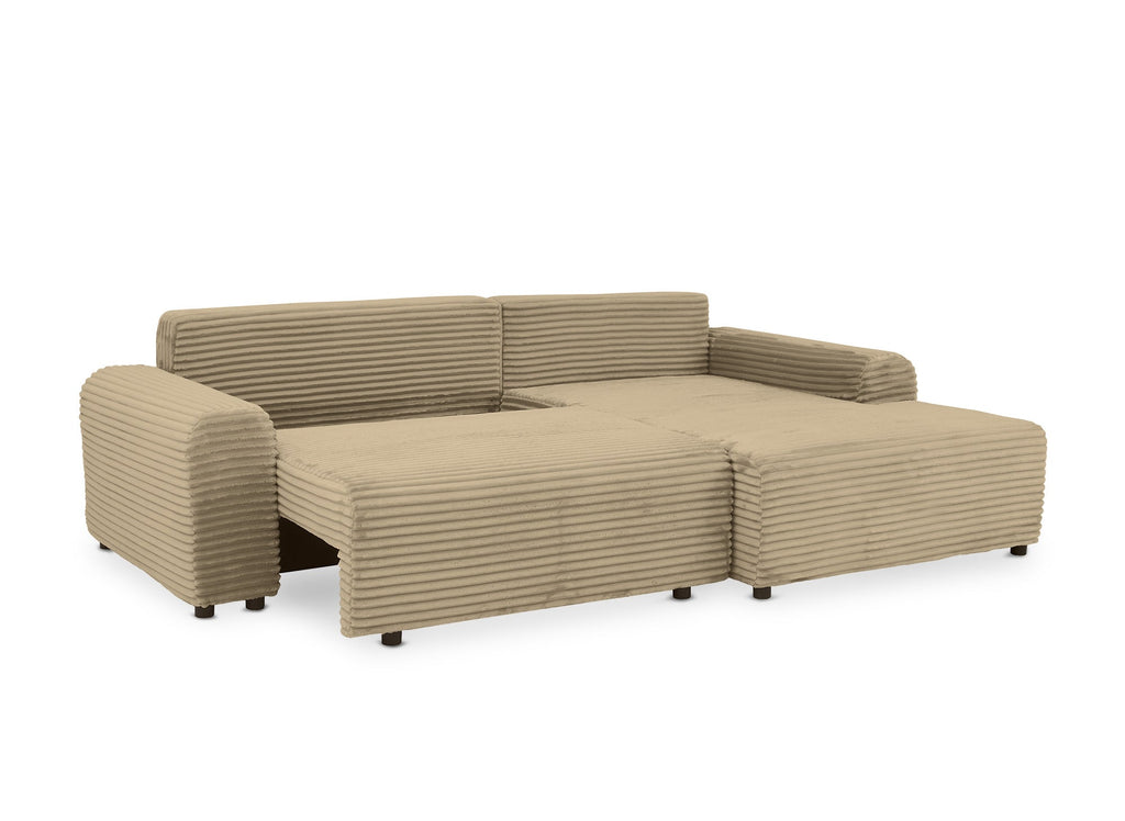 Canapé d'angle droit convertible avec coffre en velours côtelé épais taupe BALI - Angle droit