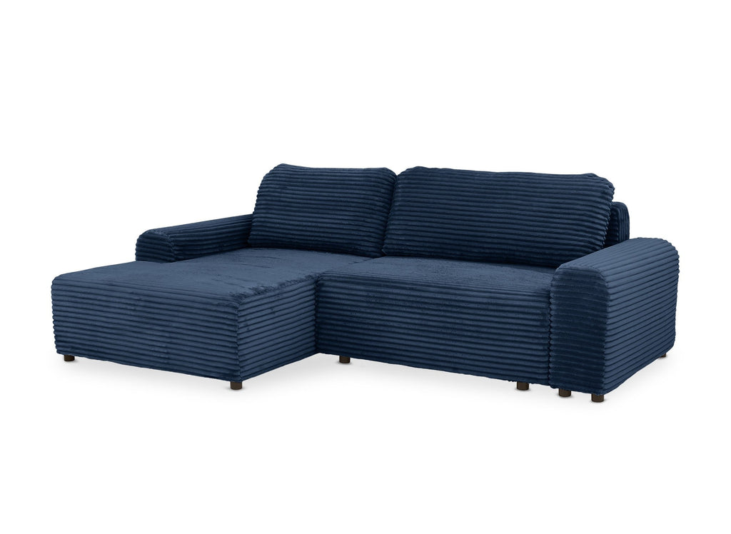Canapé d'angle gauche convertible avec coffre en velours côtelé épais bleu foncé BALI - Angle gauche