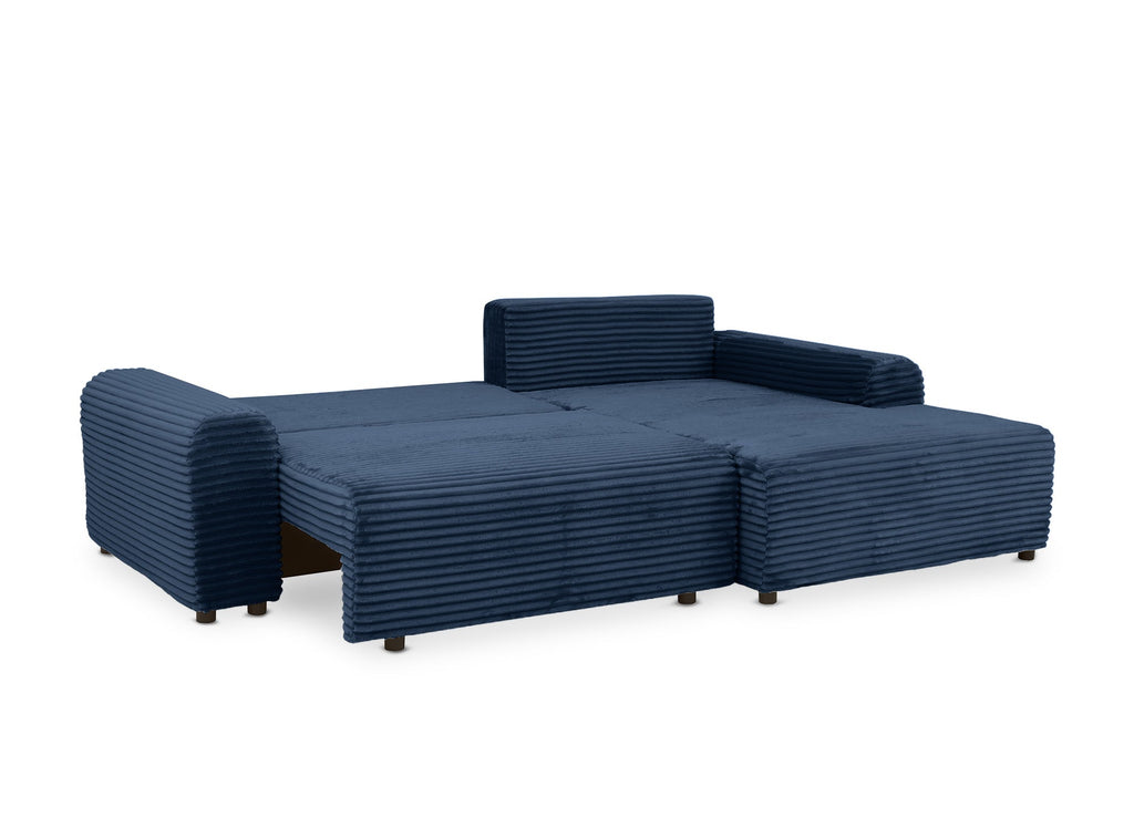 Canapé d'angle droit convertible avec coffre en velours côtelé épais bleu foncé BALI - Angle droit