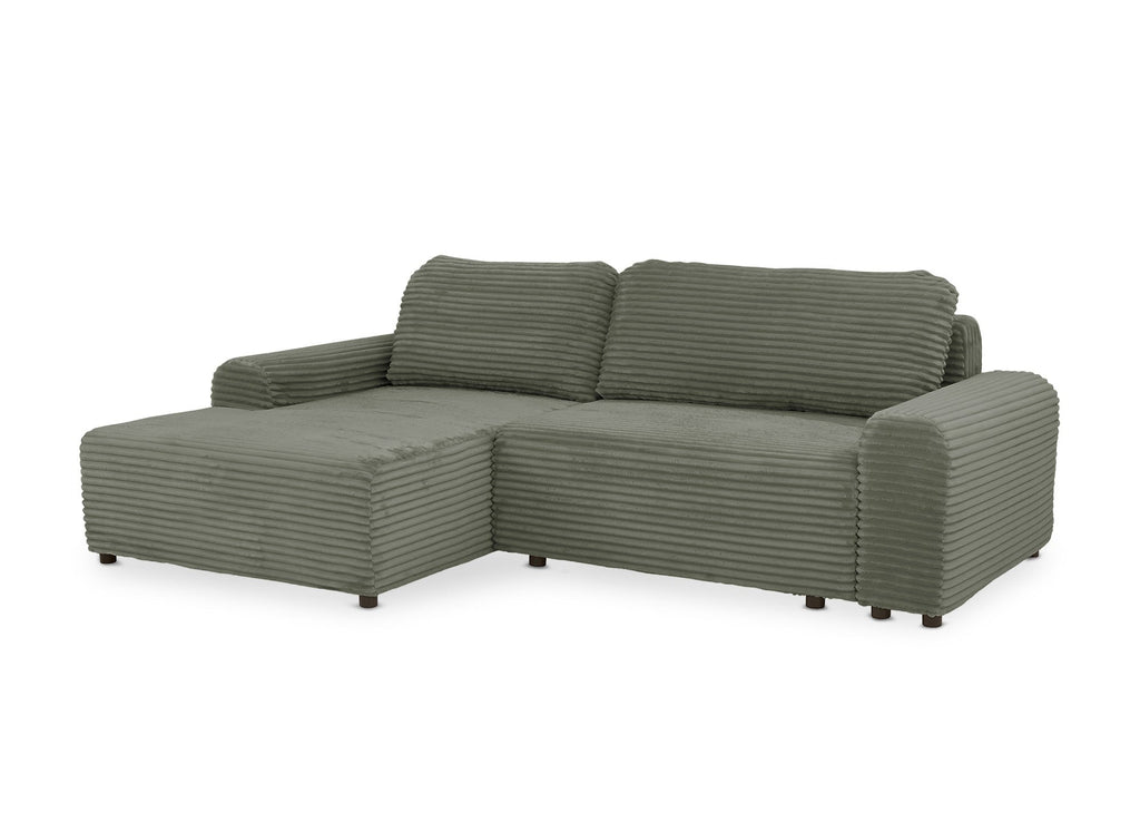 Canapé d'angle gauche convertible avec coffre en velours côtelé épais vert kaki BALI - Angle gauche