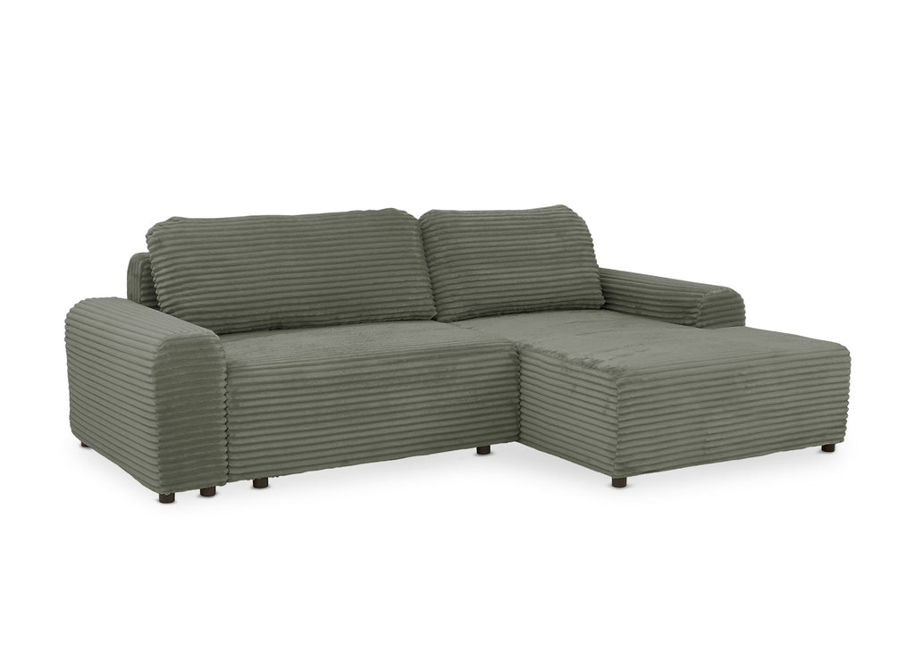 Canapé d'angle droit convertible avec coffre en velours côtelé épais vert kaki BALI - Angle droit