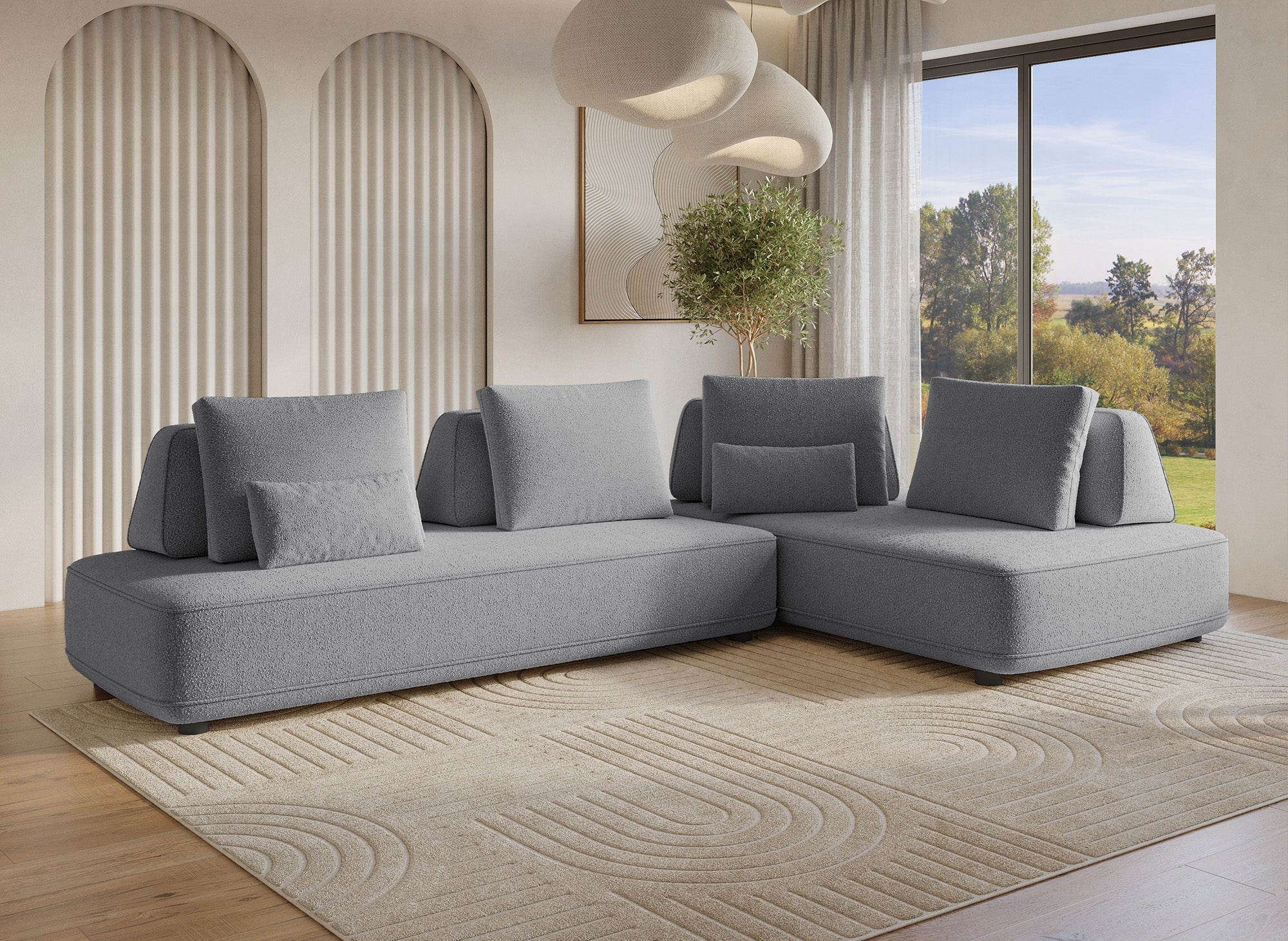 Canapé d'angle réversible en tissu bouclette gris ISAORA