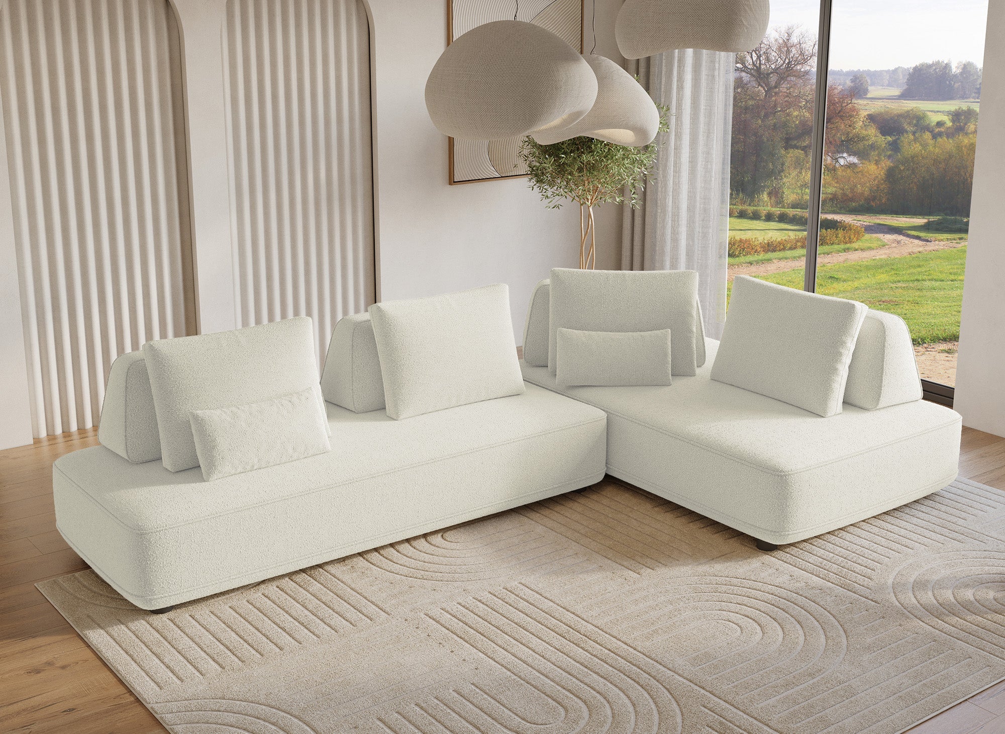 Canapé d'angle réversible en tissu bouclette beige ISAORA