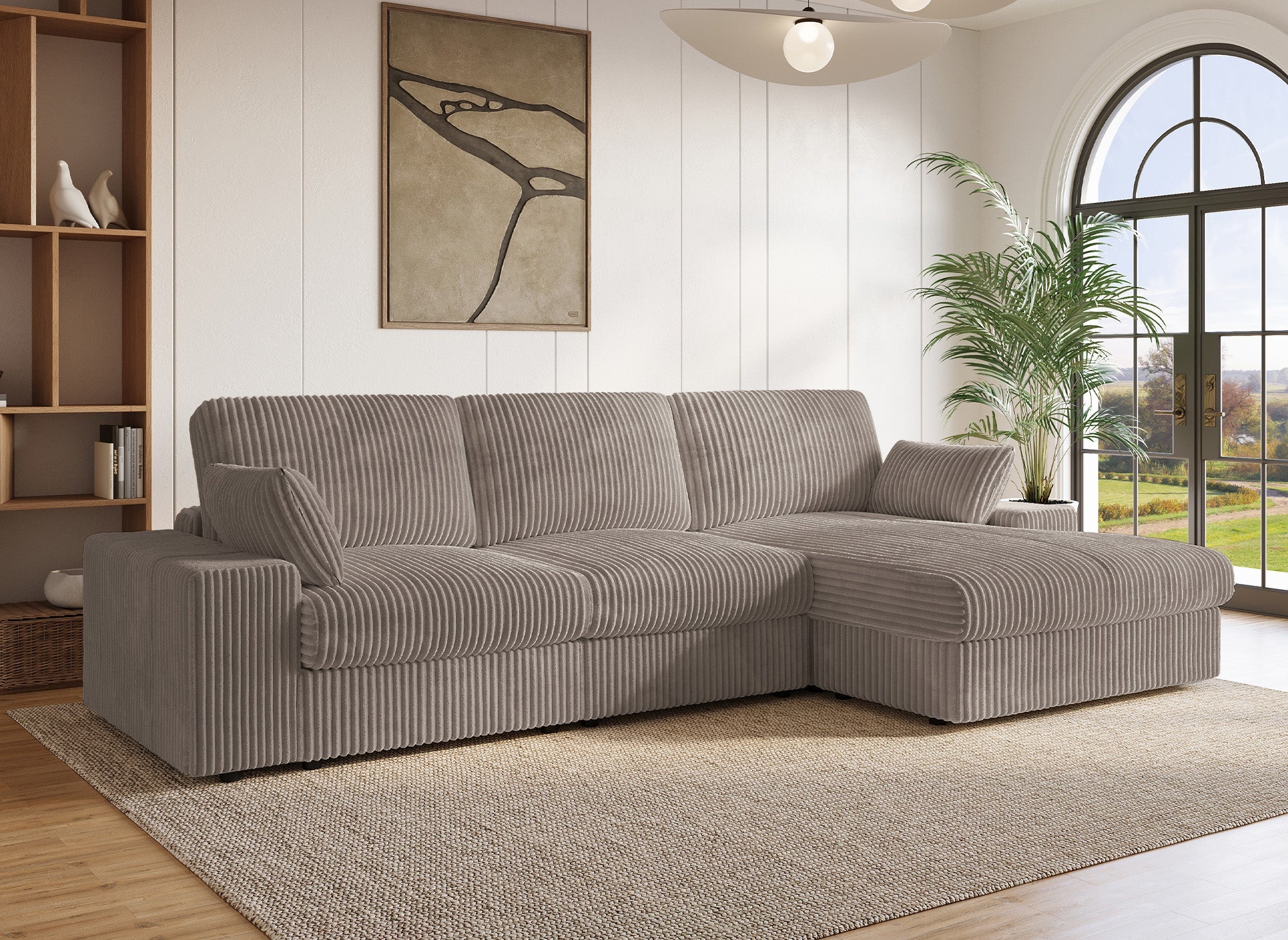 Canapé d'angle réversible en gros côtelé doux taupe SIRINA