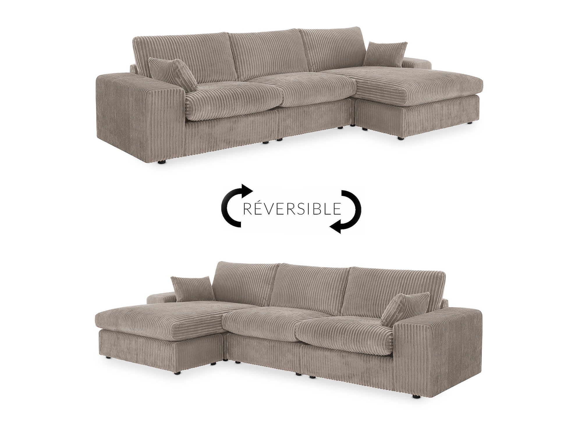 Canapé d'angle réversible en gros côtelé doux taupe SIRINA