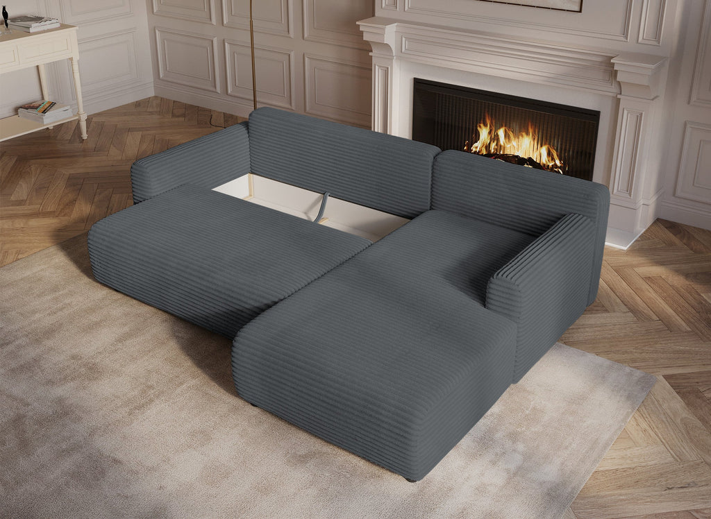 Canapé d'angle réversible et convertible avec coffre en velours côtelé épais gris foncé KATIA
