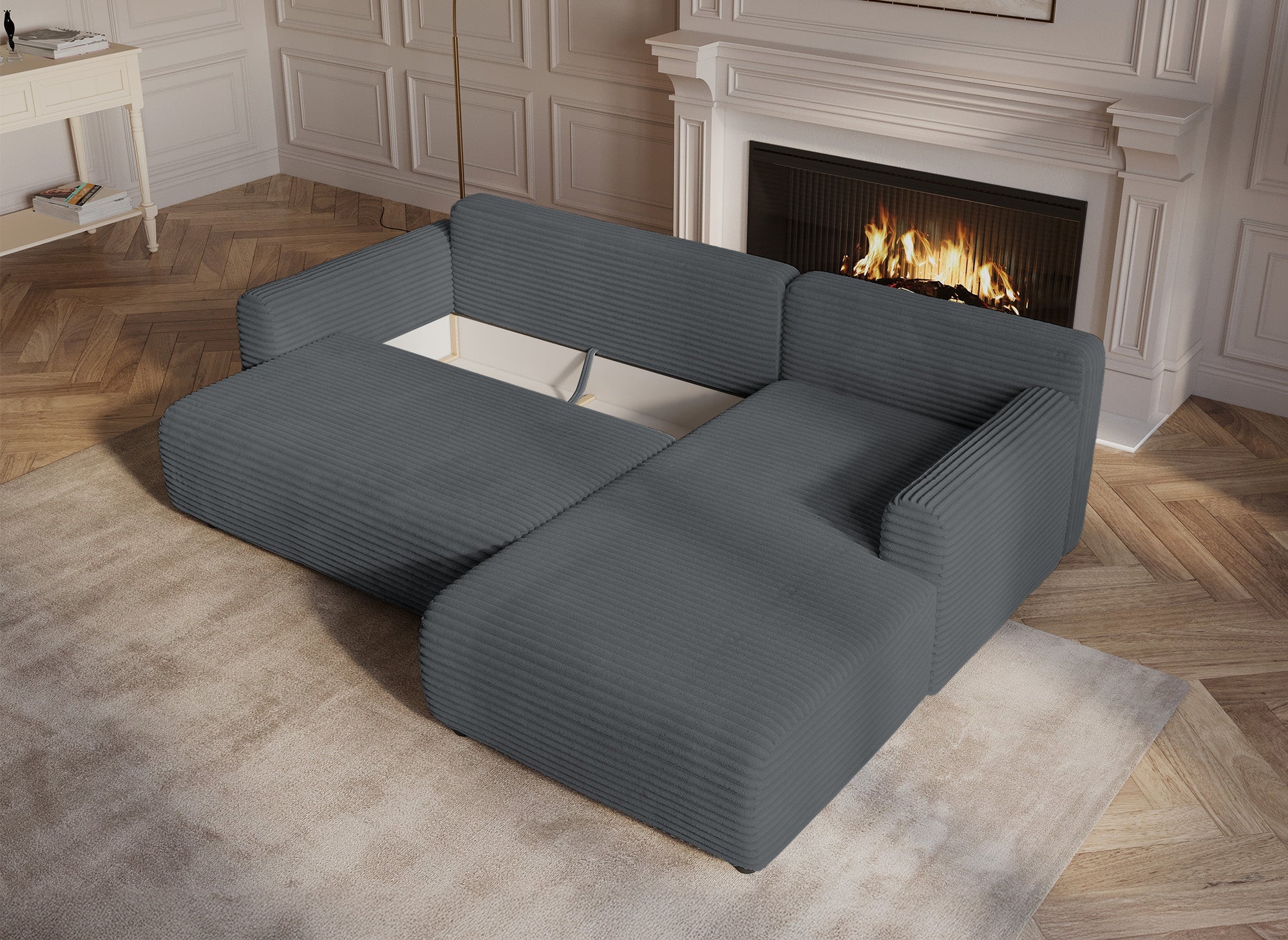 Canapé d'angle réversible et convertible avec coffre en velours côtelé épais gris foncé KATIA