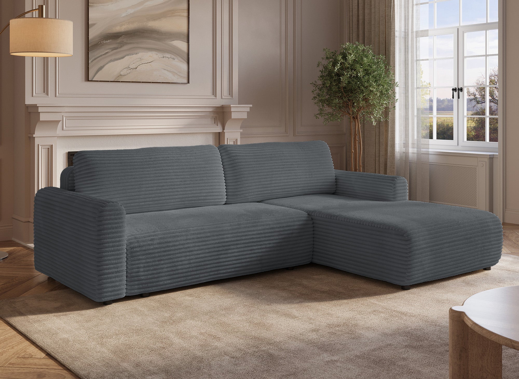 Canapé d'angle réversible et convertible avec coffre en velours côtelé épais gris foncé KATIA