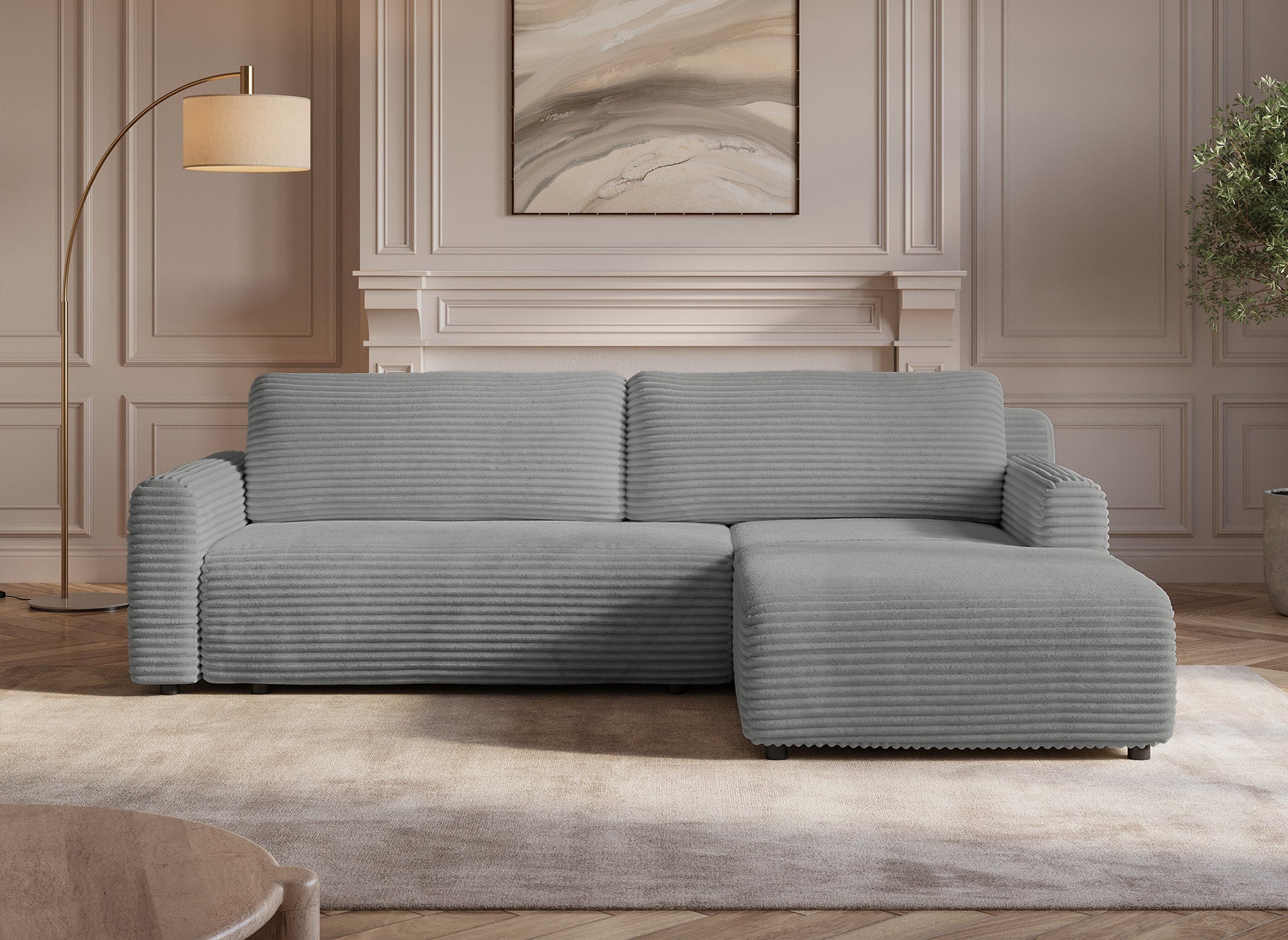 Canapé d'angle réversible et convertible avec coffre en velours côtelé épais gris clair KATIA