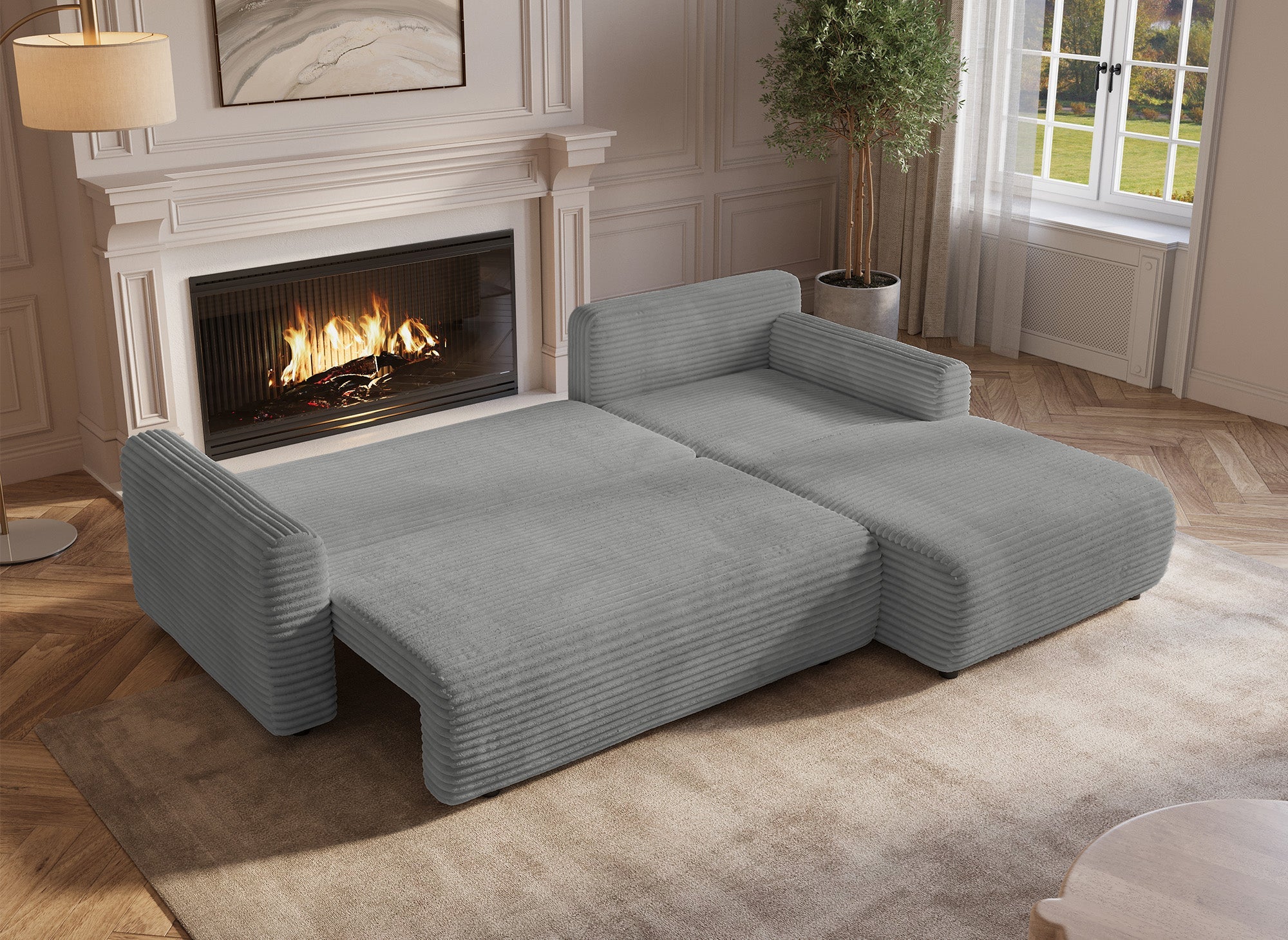 Canapé d'angle réversible et convertible avec coffre en velours côtelé épais gris clair KATIA