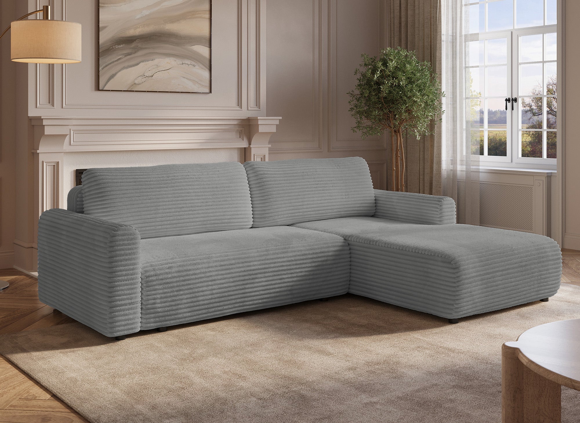 Canapé d'angle réversible et convertible avec coffre en velours côtelé épais gris clair KATIA