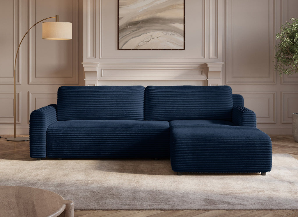 Canapé d'angle réversible et convertible avec coffre en velours côtelé épais bleu foncé KATIA