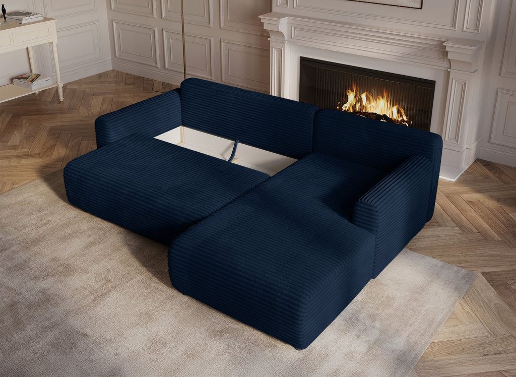Canapé d'angle réversible et convertible avec coffre en velours côtelé épais bleu foncé KATIA