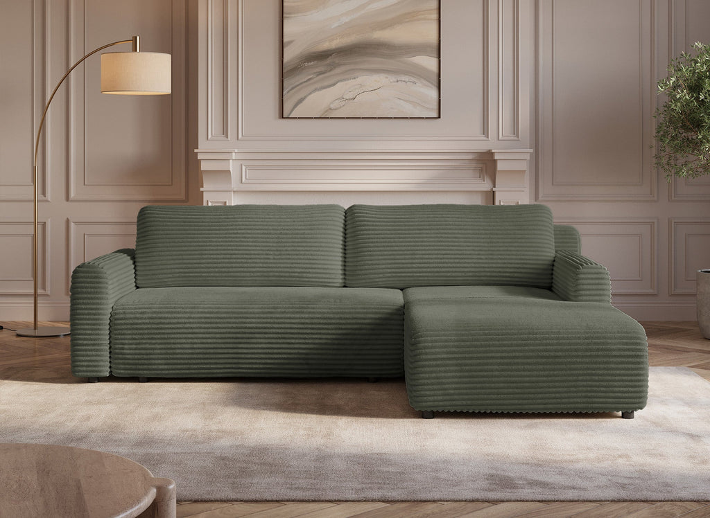 Canapé d'angle réversible et convertible avec coffre en velours côtelé épais vert kaki KATIA