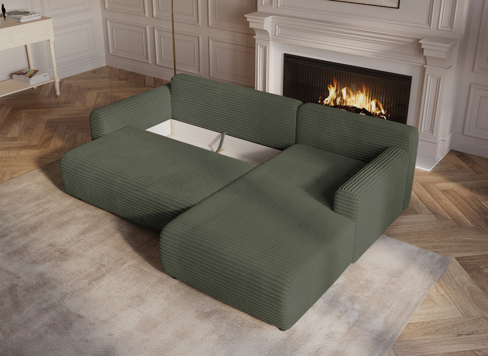 Canapé d'angle réversible et convertible avec coffre en velours côtelé épais vert kaki KATIA