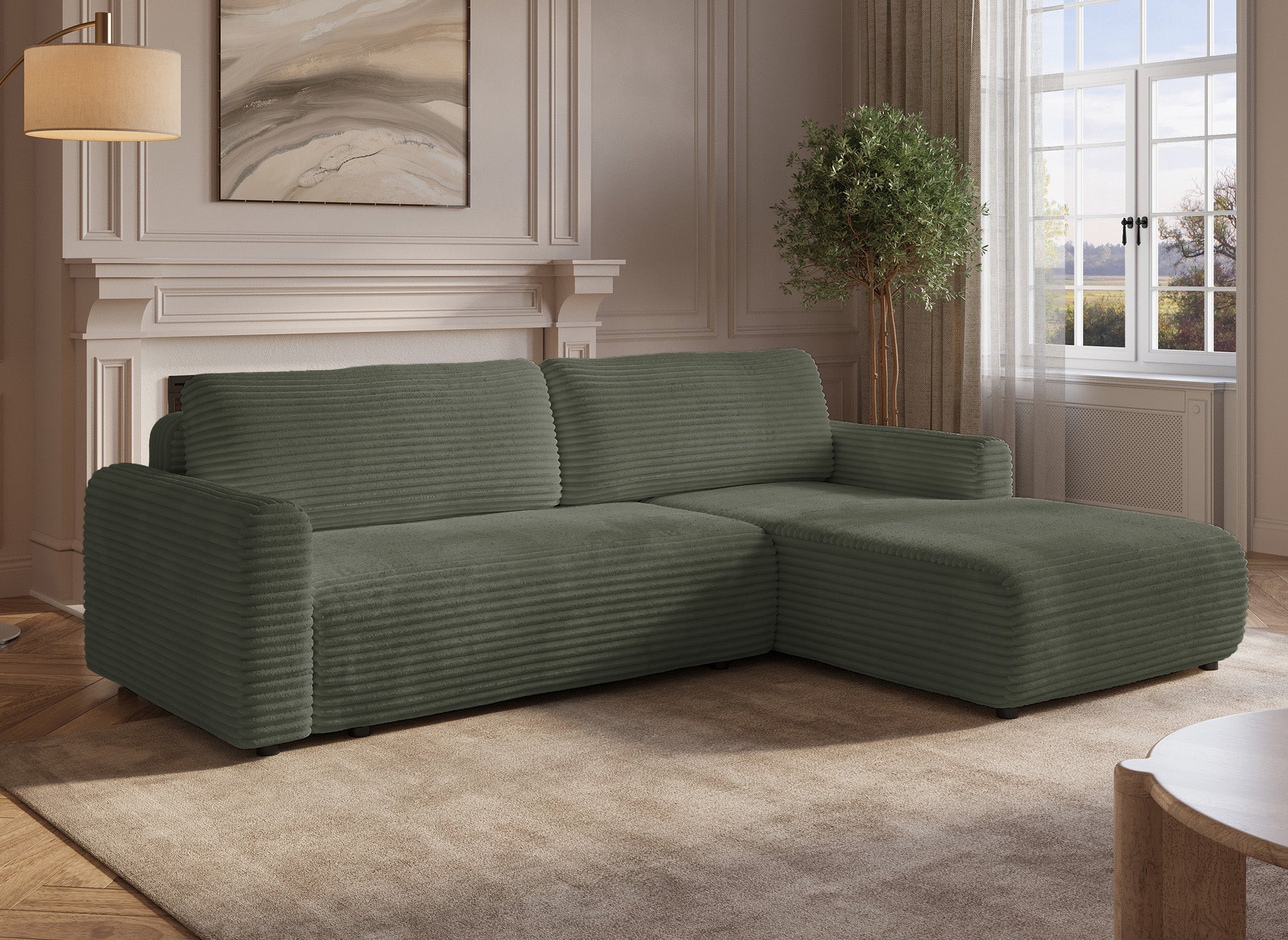 Canapé d'angle réversible et convertible avec coffre en velours côtelé épais vert kaki KATIA