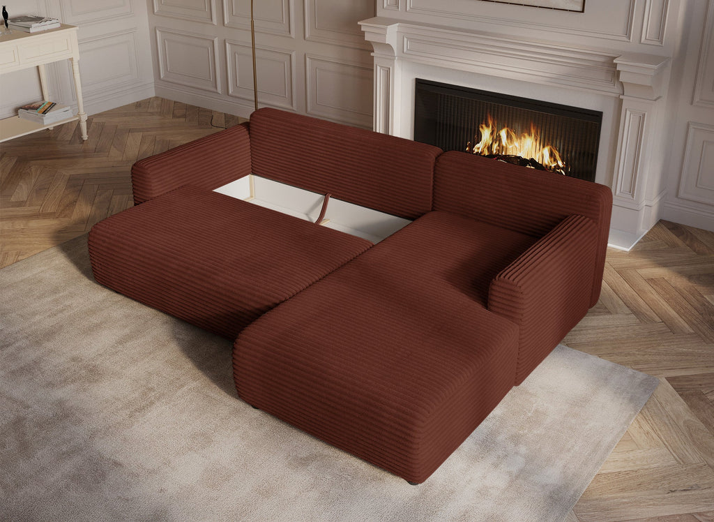 Canapé d'angle réversible et convertible avec coffre en velours côtelé épais terracotta KATIA