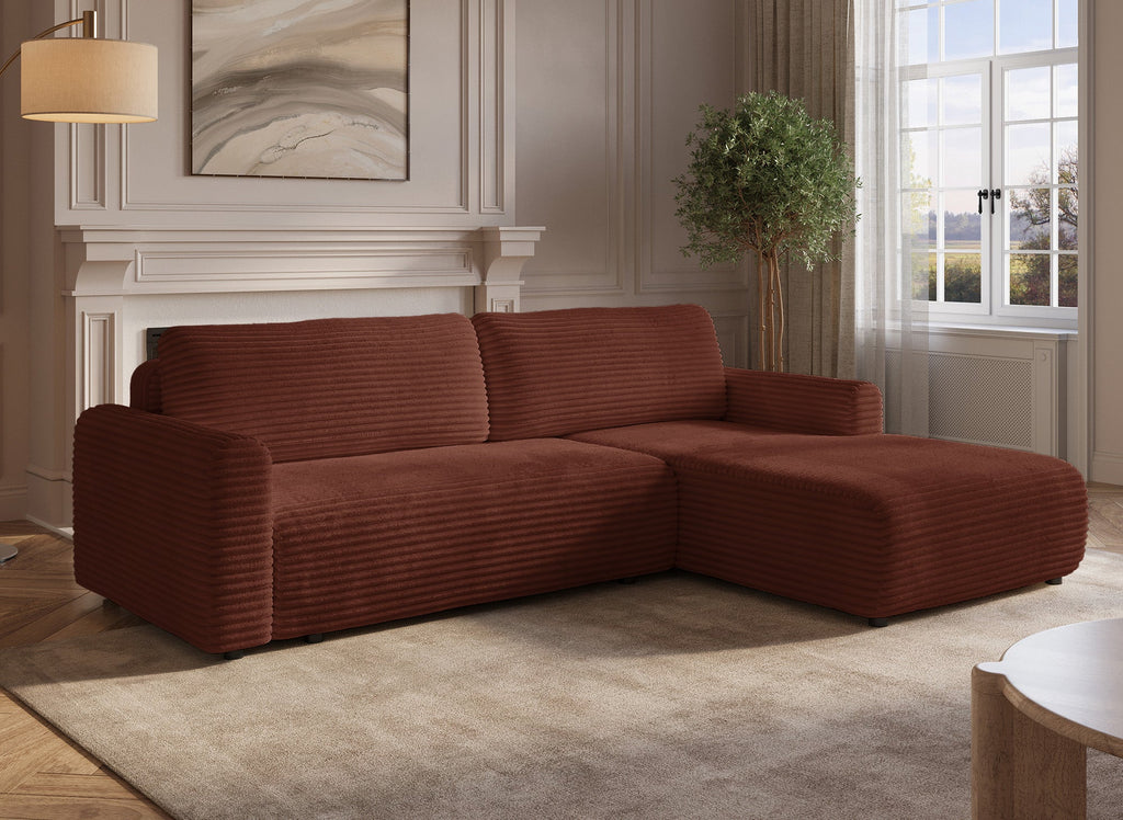 Canapé d'angle réversible et convertible avec coffre en velours côtelé épais terracotta KATIA