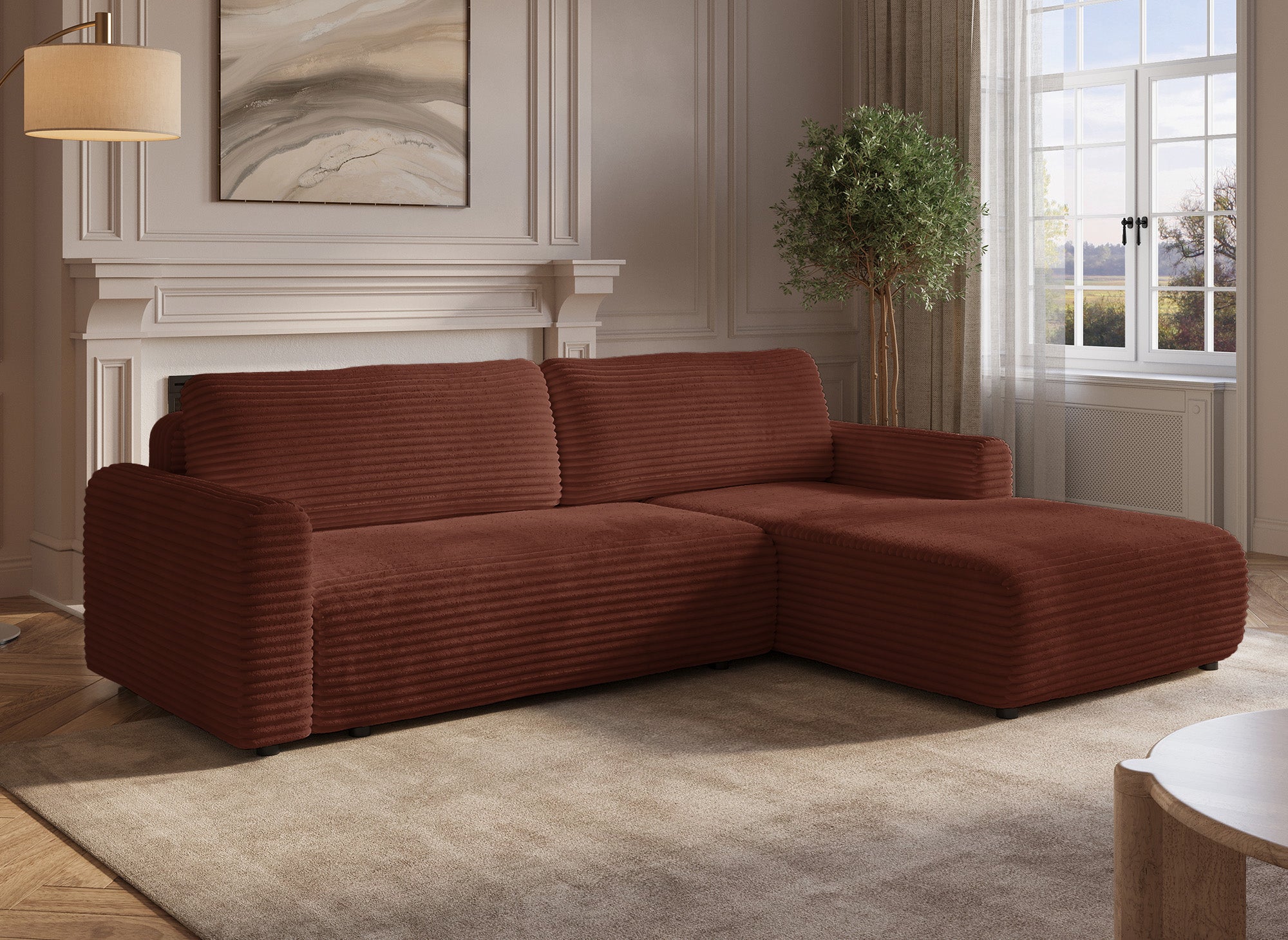 Canapé d'angle réversible et convertible avec coffre en velours côtelé épais terracotta KATIA