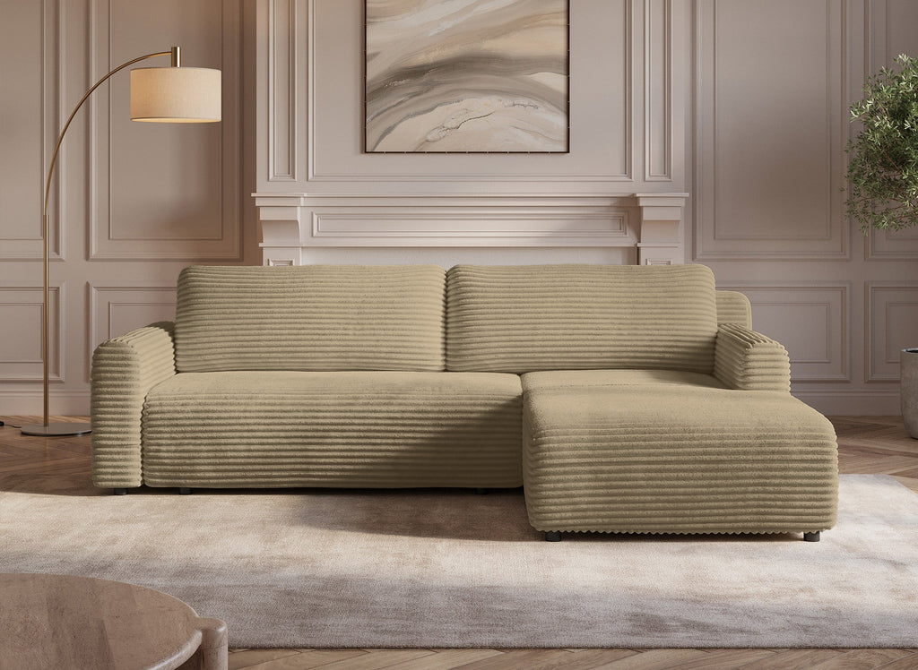 Canapé d'angle réversible et convertible avec coffre en velours côtelé épais taupe KATIA