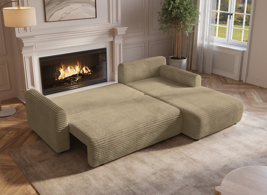 Canapé d'angle réversible et convertible avec coffre en velours côtelé épais taupe KATIA