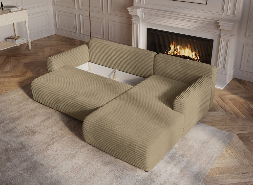 Canapé d'angle réversible et convertible avec coffre en velours côtelé épais taupe KATIA