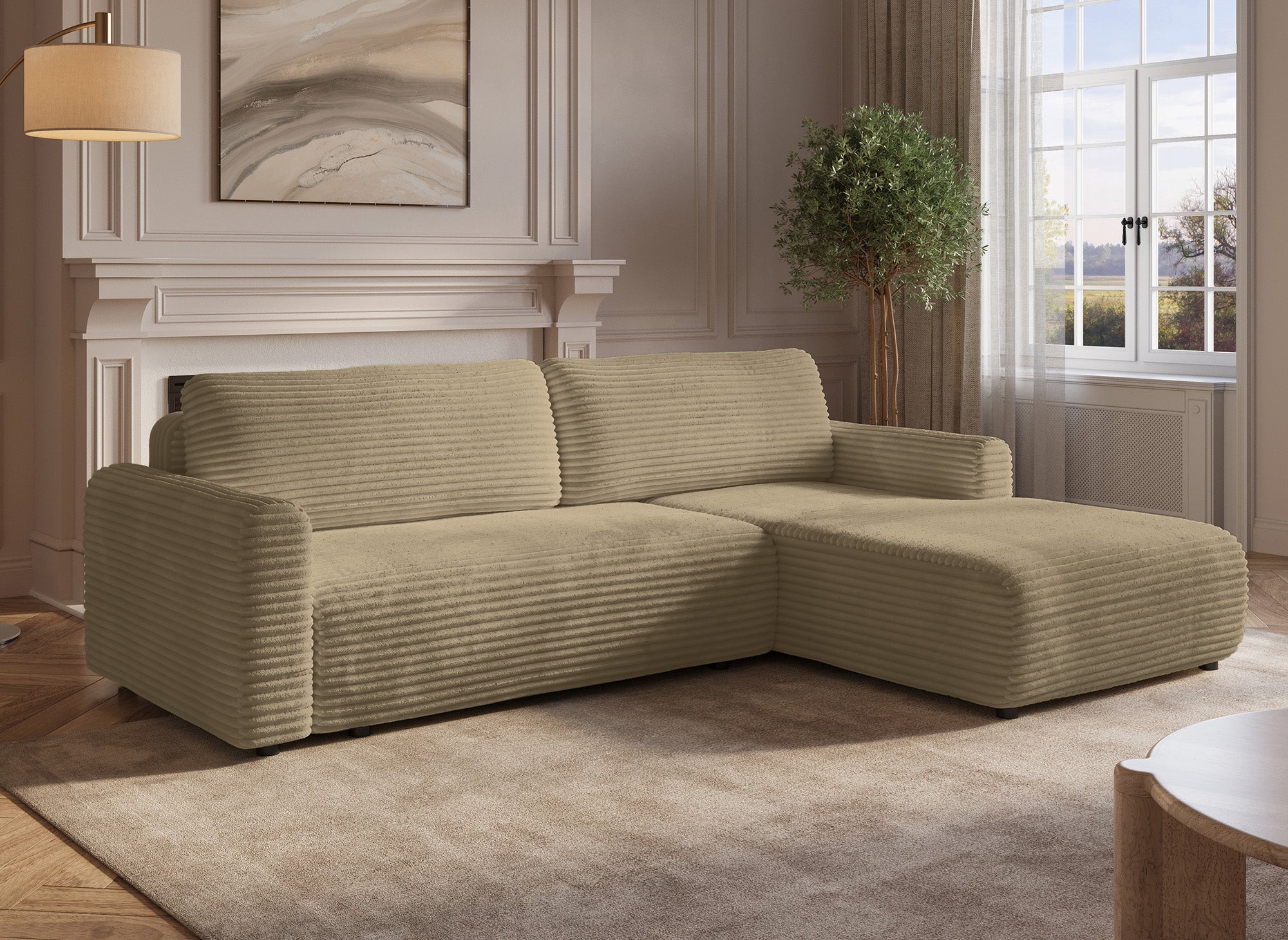 Canapé d'angle réversible et convertible avec coffre en velours côtelé épais taupe KATIA